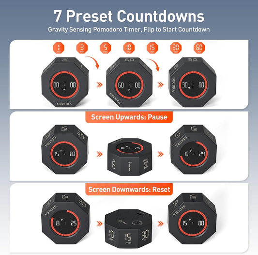 Secura Pomodoro Timer for ADHD & Productivity, Flip Cube Timer with 7 Presets (1/3/5/10/15/30/60 Min), Visual Countdown Progress Bar for Work, Study, Kids & Desk (White)