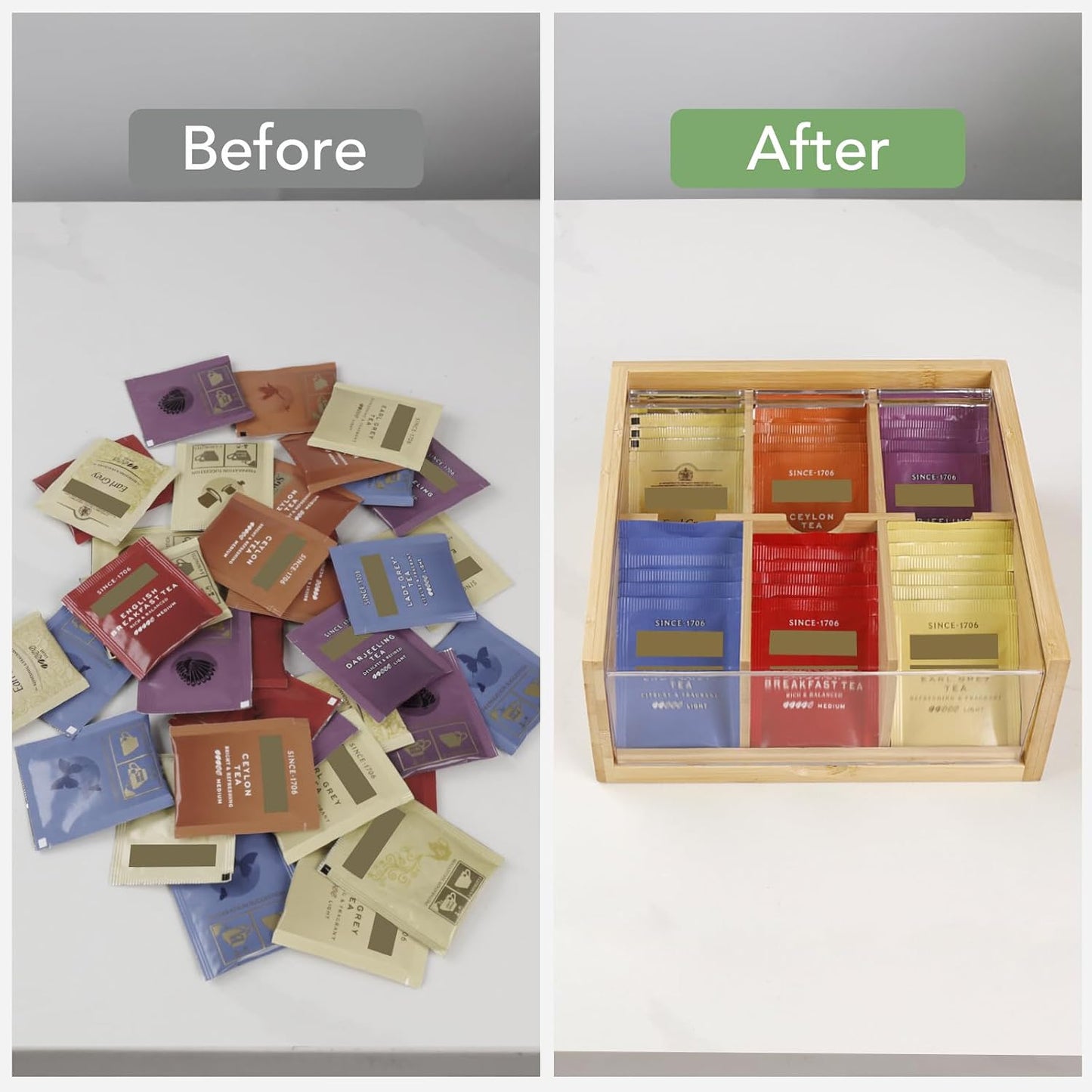 HTB Acacia Wood Tea Bag Organizer Storage Box with 6 Compartments