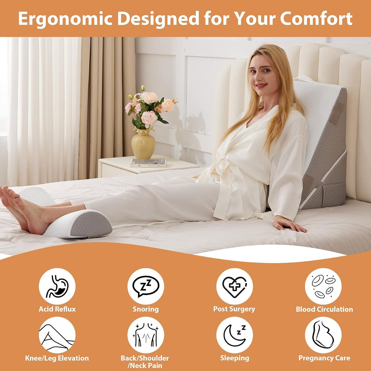 BIEEZZK Wedge Pillow Set for After Surgery, Wedge Pillow for Acid Reflux, Bed Wedge Pillow with Adjustable 9&12inch for Headboard,Sleeping, Orthopedic Memory Foam for Neck&Back Support, White/Grey