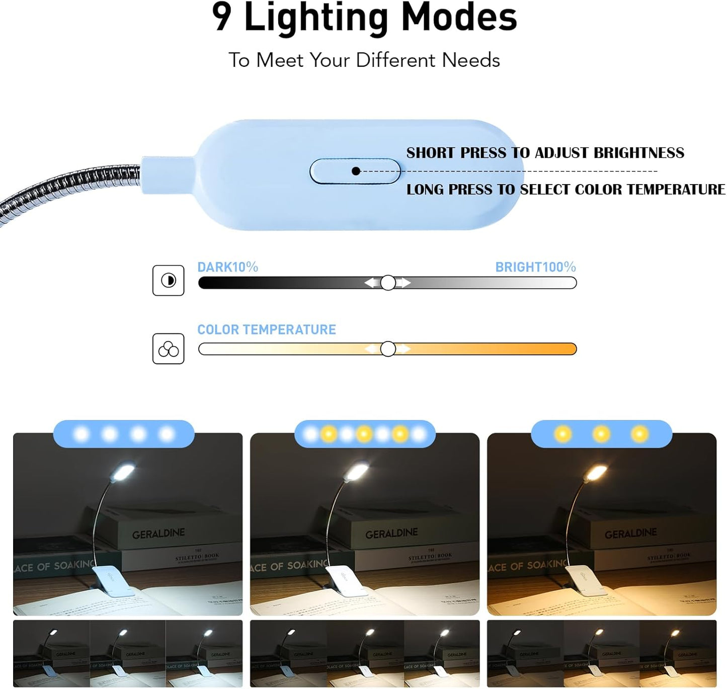 VAVOFO Clip On Book Light for Bed Kids, 7 LED Reading Light with 9-Level Warm Cool White Daylight, Eye Care Lamp with Power Indicator for Bookworms (Blue)