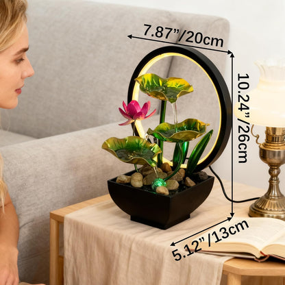 AOZITA Tabletop Fountain, Indoor Waterfall Fountain, Small Home Décor Zen Relaxation Soothing Sound Machine for Office, Living Room, or Bedroom,Blue Metal Lotus with Bud, River Rocks,Round LED