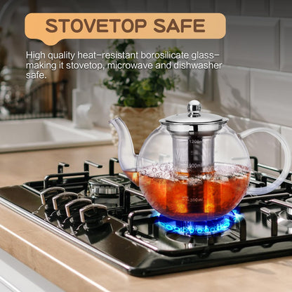 Glass Teapot, 1200ml (40oz) Tea Pot with Infuser for Loose Tea and Blooming Tea, Stovetop Safe Tea Kettle, Hand Crafted Borosilicate Glass Tea Maker with Scale Line, Tea Gift Set for Tea Lovers