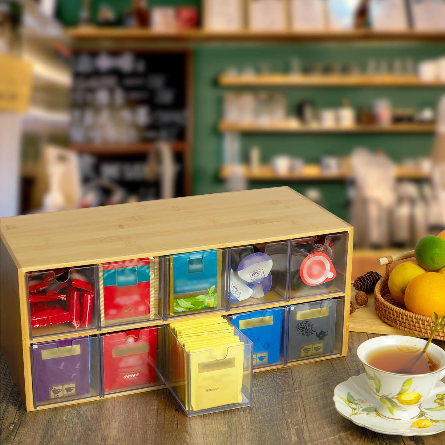 TIMIEEYA Tea Bag Organizer - Bamboo Tea Storage With Drawer 3 Layer, Organizer for Tea Bags Natural Wood & Acrylic for Countertop Office Kitchen Cabinet Pantry