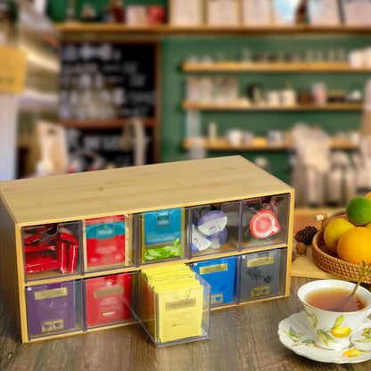 TIMIEEYA Tea Bag Organizer - Bamboo Tea Storage With Drawer 3 Layer, Organizer for Tea Bags Natural Wood & Acrylic for Countertop Office Kitchen Cabinet Pantry