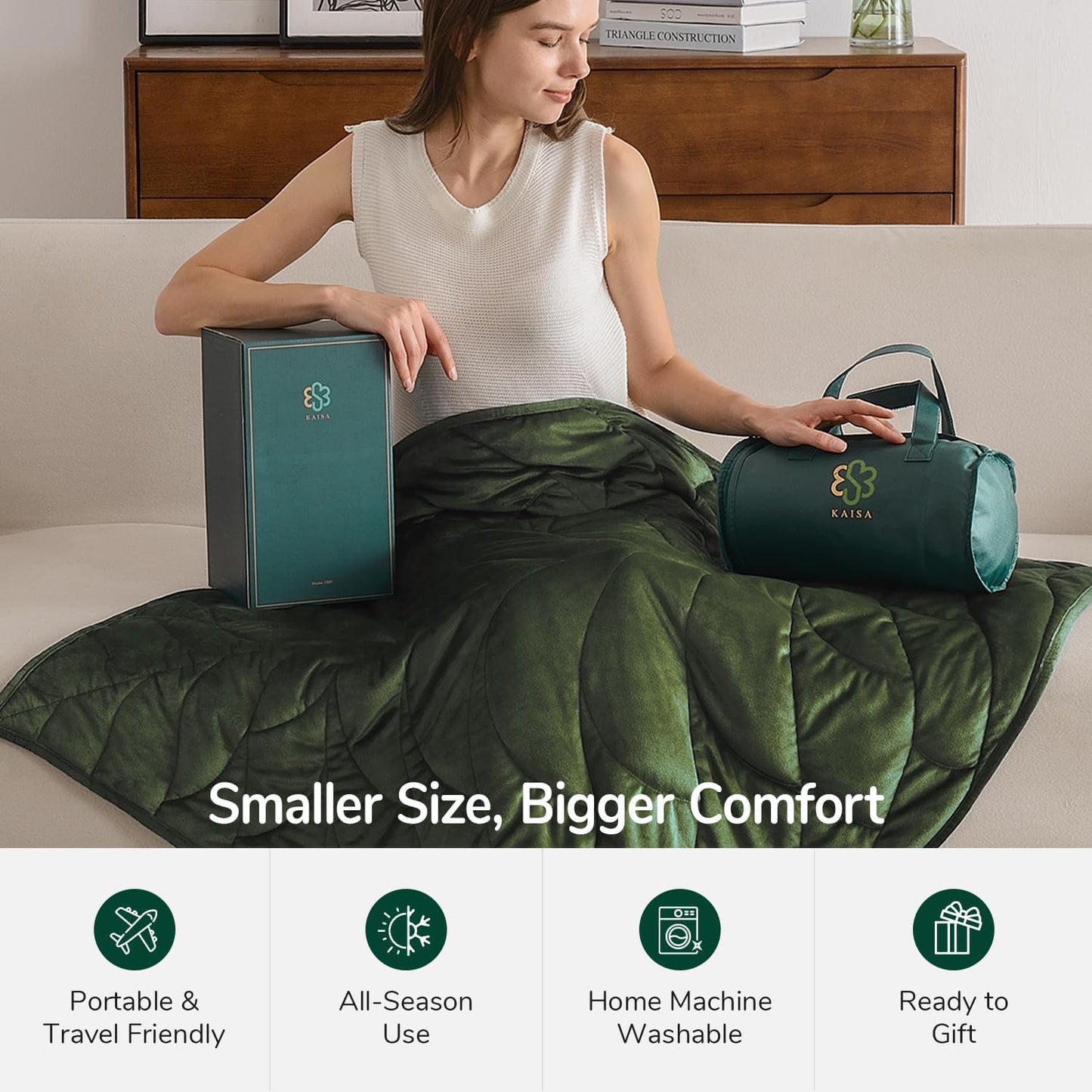 Kaisa Weighted Lap Blanket 7 lbs 41" x 53", Cozy Luxury Crystal Velvet Small Weighted Blanket for Adults, Portable Travel Weighted Blanket for Relaxation, All-Season Blanket, Machine Washable, Green