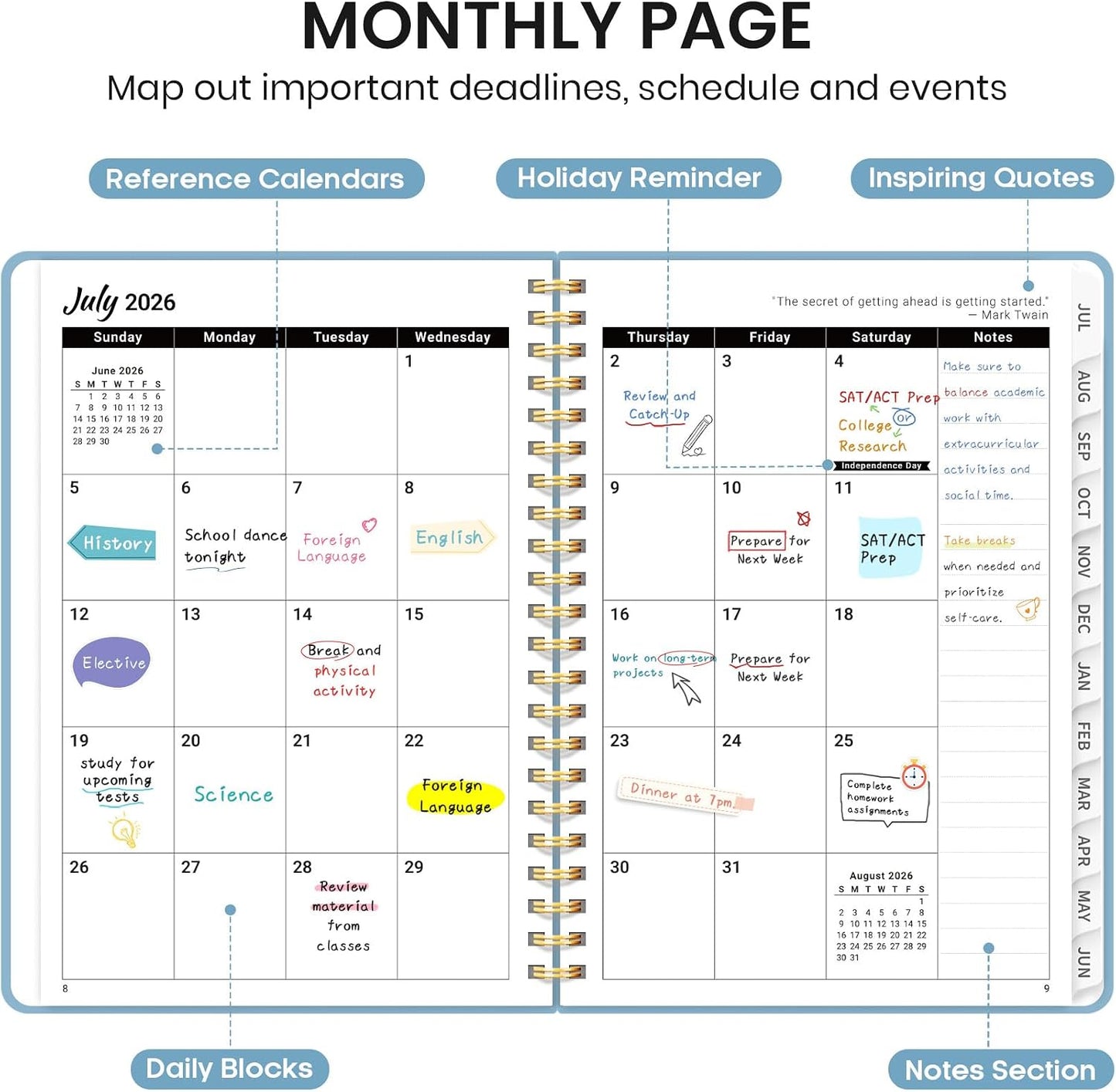 Planner 2026-2027 for Women & Men, Academic Monthly and Weekly Calendar Planner, Jul 2026 - Jun 2027, A5 (6.3" x 8.5"), Teacher Student Planning Book with Tabs, Ideal for Office School Supplies - Pink
