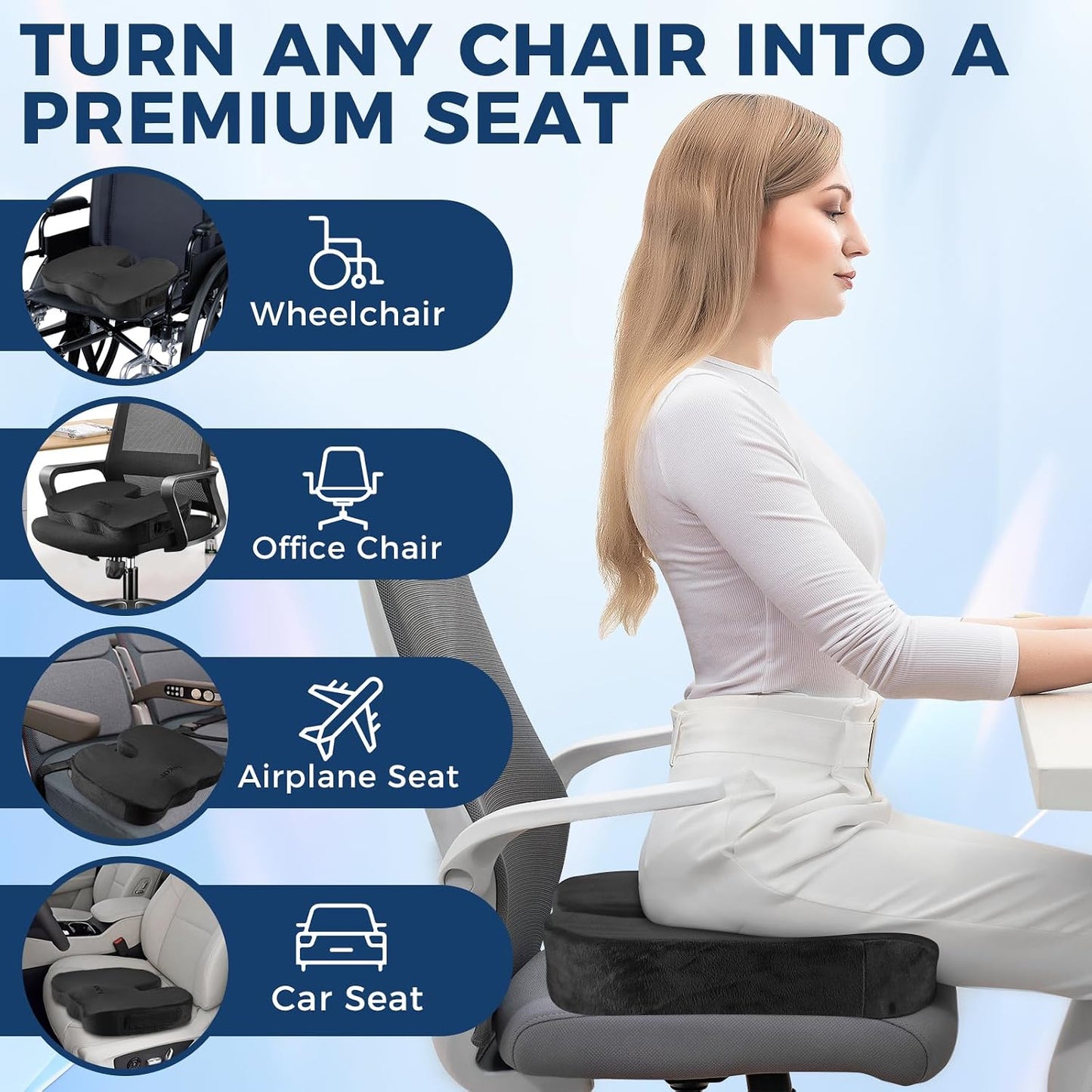 Gel Memory Foam Layer Wheelchair Cushion - Wheelchair Office Chair, Kitchen Chair, Car Seat - Pressure Pain and Tailbone Pain Relief - High Density Foam Base (Black)