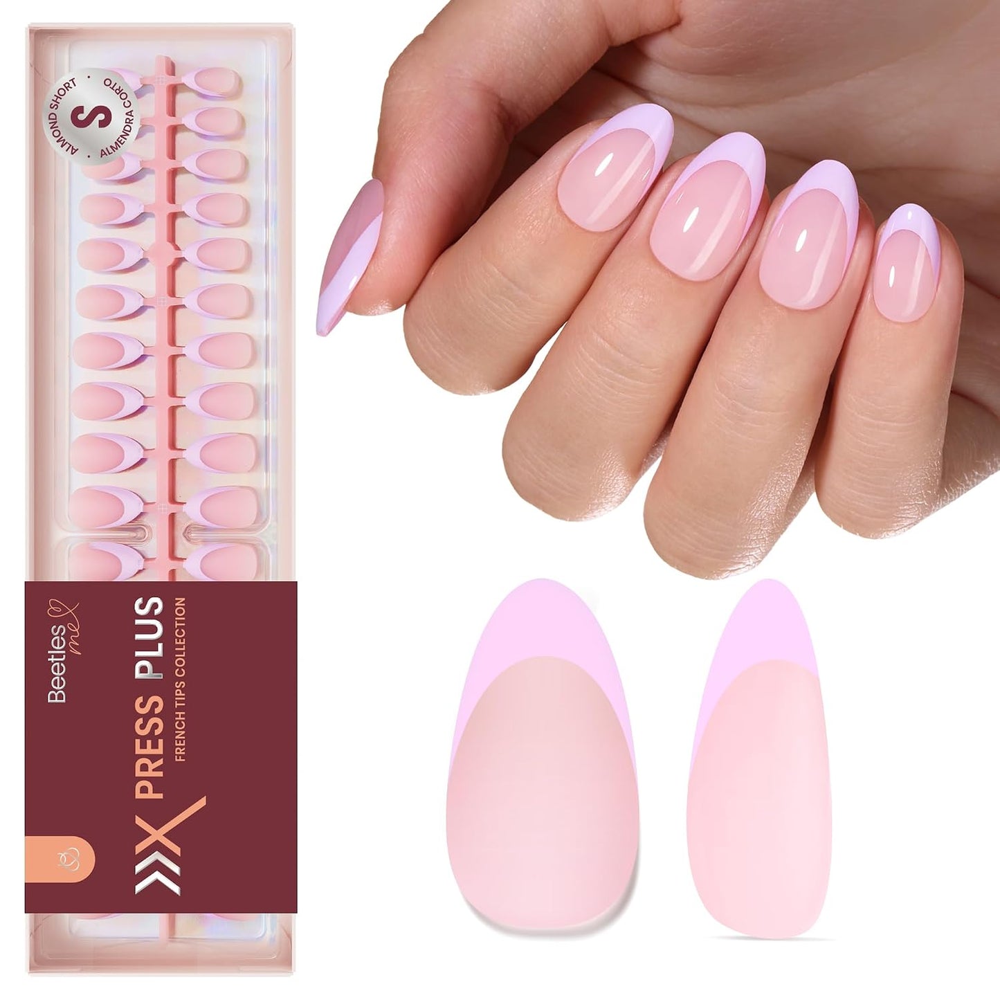 Beetles Press On Nail Kit-Short Square French Tip Press On Nails, 150Pcs Pink French Nail Tips with Nail Glue & Remover Builder Top Coat Nail Lamp, All-in-One DIY Fake Nails Gift for Women