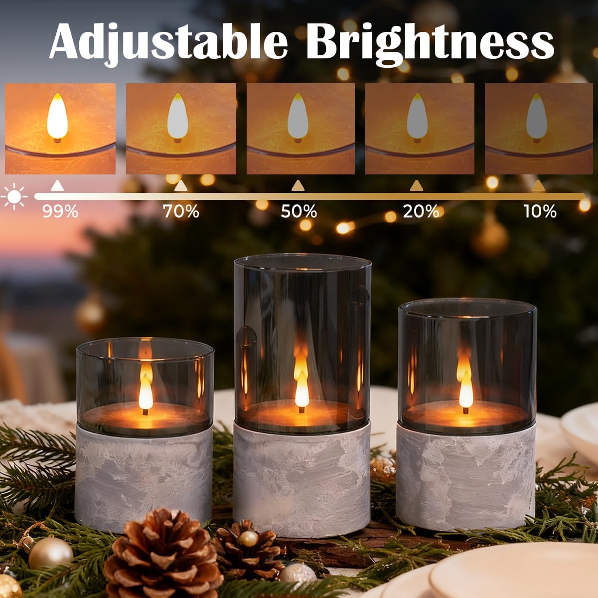LEDHOLYT Rechargeable Flameless Glass Pillar Candles–Gifts for Women,–Set of 3, Realistic Flickering LED Flame,Remote & Timer, Ideal for Living Room, Bedroom & Halloween Festival Home Party Decor