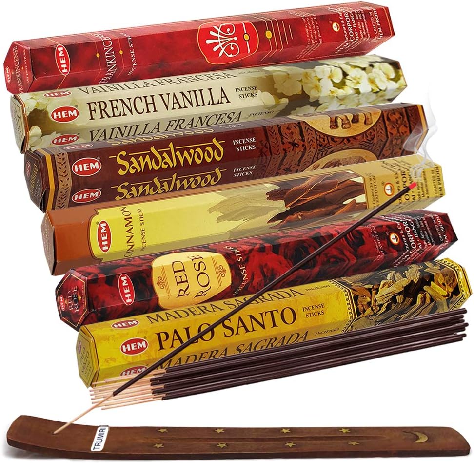 Hem Incense Sticks Variety Pack #23-120 Insence-Sticks (6 Incents x 20 Insense) + Incense Stick Holder with 6 Most Liked Scents Including Patchouli Dragons Blood White Sage Frankincense-Myrrh