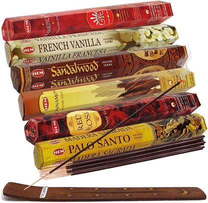 Hem Incense Sticks Variety Pack #23-120 Insence-Sticks (6 Incents x 20 Insense) + Incense Stick Holder with 6 Most Liked Scents Including Patchouli Dragons Blood White Sage Frankincense-Myrrh