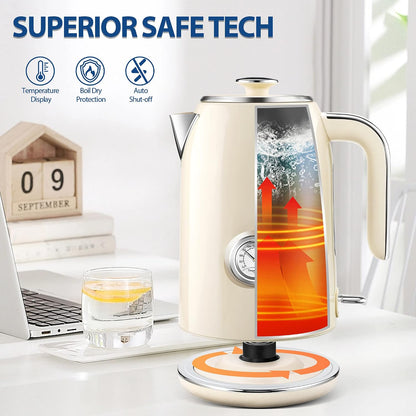 Pukomc Electric Kettle,1.7L Stainless Steel Electric tea kettle with Temperature Gauge, Fast Boiling, Auto Shut - off, BPA - Free, Boil - Dry Protection, (Retro Green)