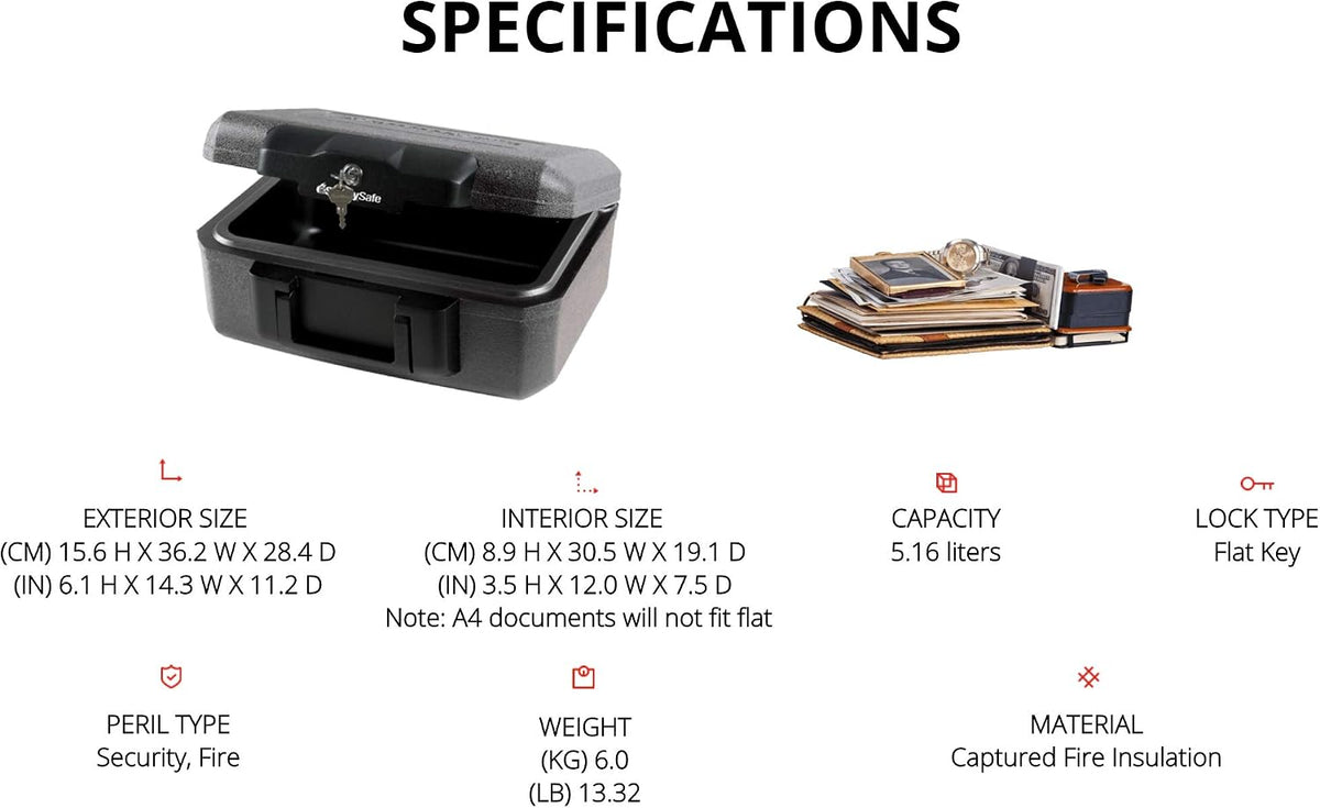 SentrySafe Fireproof Safe Box with Key Lock, Chest Safe with Carrying Handle to Secure Money, Jewelry, Documents, 0.25 Cubic Feet, 6.3 x 15.3 x 12.1 Inches, 1160