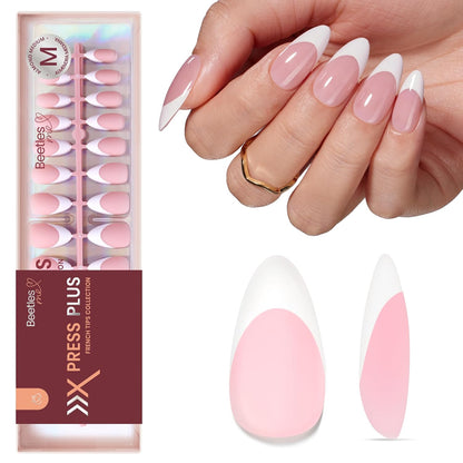 Beetles Press On Nail Kit-Short Square French Tip Press On Nails, 150Pcs Pink French Nail Tips with Nail Glue & Remover Builder Top Coat Nail Lamp, All-in-One DIY Fake Nails Gift for Women