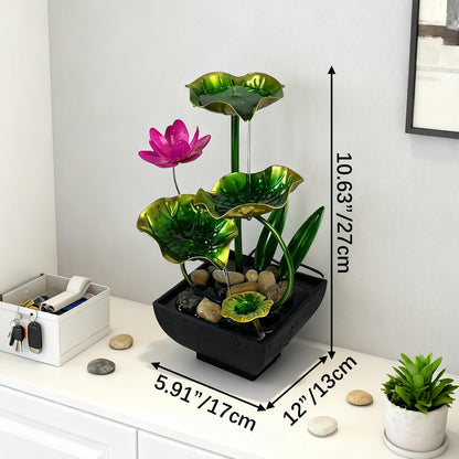 AOZITA Tabletop Fountain, Indoor Waterfall Fountain, Small Home Décor Zen Relaxation Soothing Sound Machine for Office, Living Room, or Bedroom,Blue Metal Lotus with Bud, River Rocks,Round LED