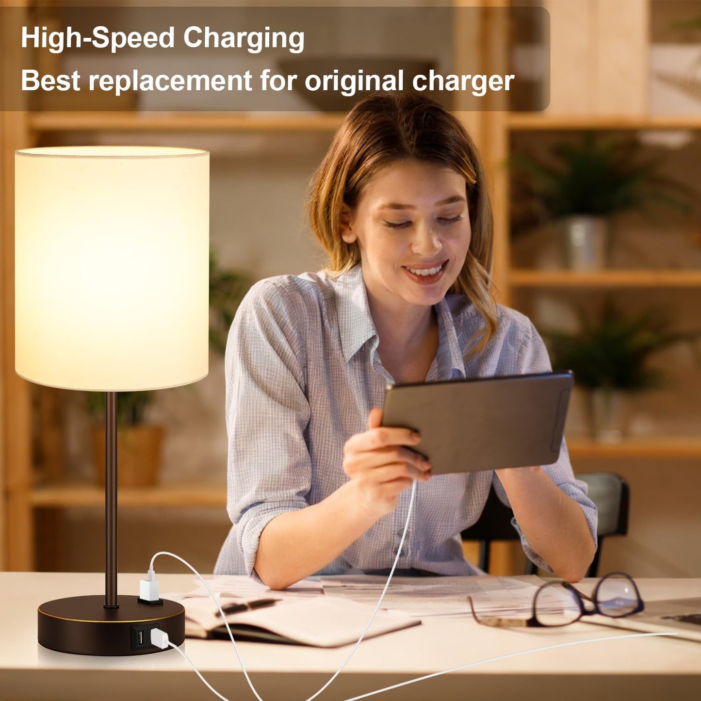 Set of 2 Touch Control Table Lamps with 2 USB & AC Outlet, 3-Way Dimmable Bedside Nightstand Lamps for Bedroom Living Room Nursery, 800 Lumens 5000K Daylight Bulbs Included