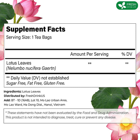 FreshDrinkUS, Premium 30 Lotus Leaf Tea Bags, 100% Natural & Pure from Lotus Leaves. Loose Leaf Lotus Herbal Tea. Made with Eco-Conscious Tea Bags. No Sugar, No Caffeine, No Gluten, Vegan.