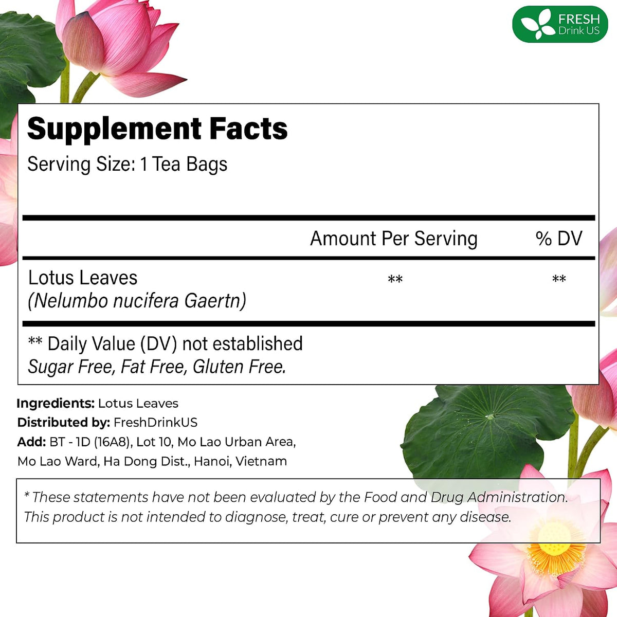 FreshDrinkUS, Premium Lotus Leaf Tea Bag, 135 Count, Pure, Caffeine Free