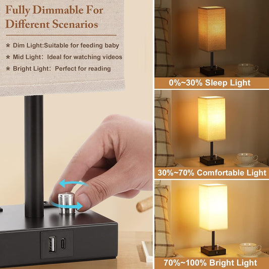 Bedside Table Lamps Set of 2 for Bedroom - Dimmable, USB C+A, 2 AC Outlets