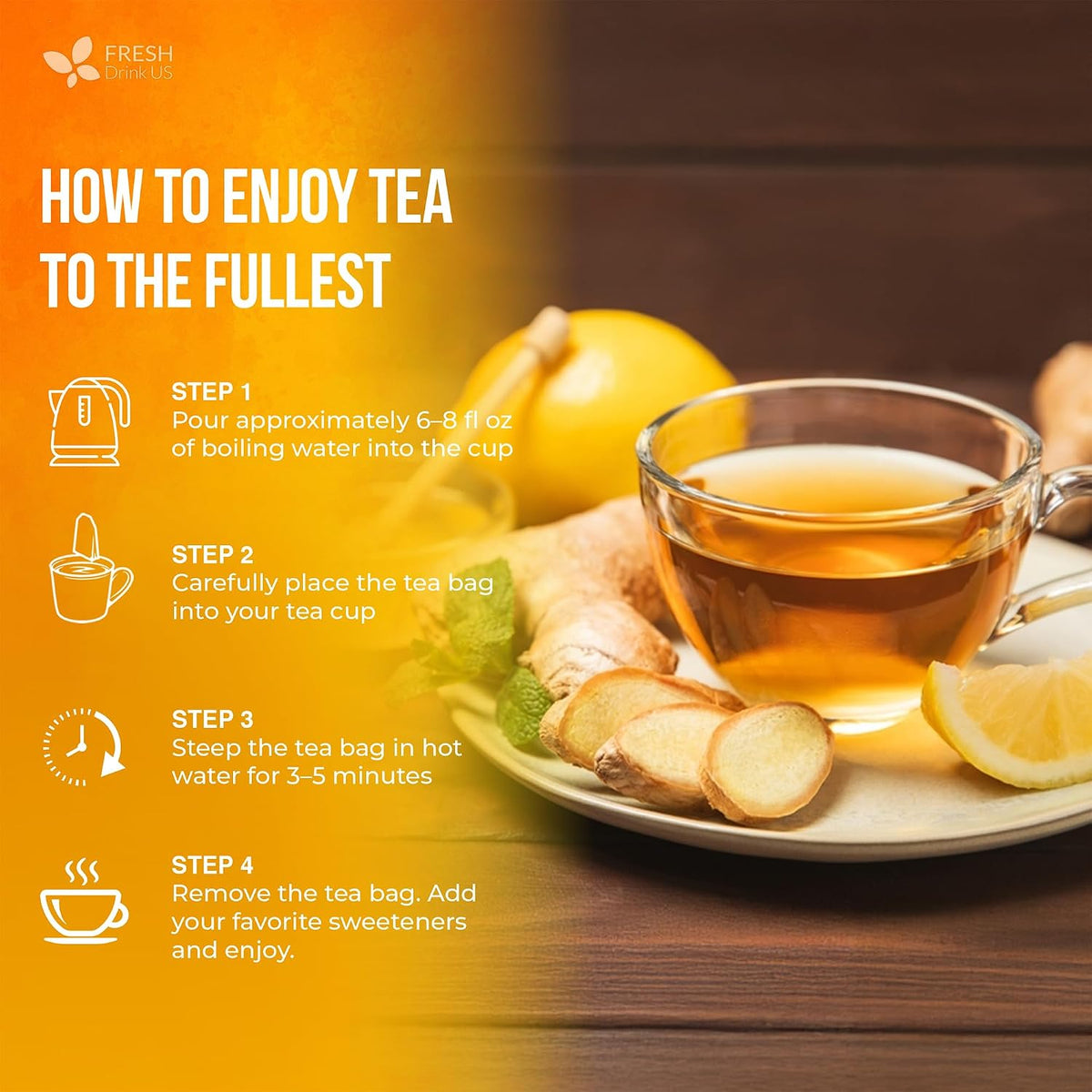FreshDrinkUS, Premium 75 Lemon Ginger Tea Bags, 100% Natural Ingredients, Hand-made Blend of Lemon and Ginger, Eco-conscious Tea Bags. No Sugar, No Caffeine, No Gluten, Vegan.