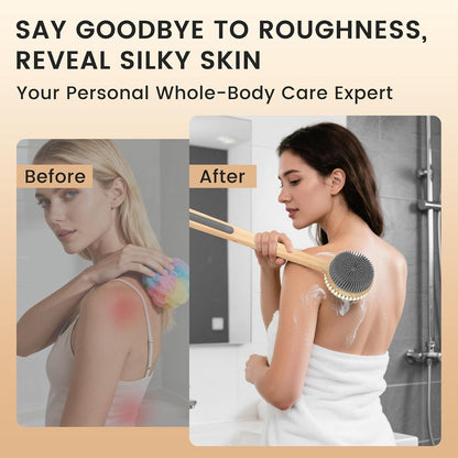 Back Scrubber for Shower，17in Bamboo with Curved Long Handle - Stiff Natural Boar Bristles for Men and Women, Deep Cleansing and Exfoliating, Anti-Slip Grip for Wet or Dry Brushing