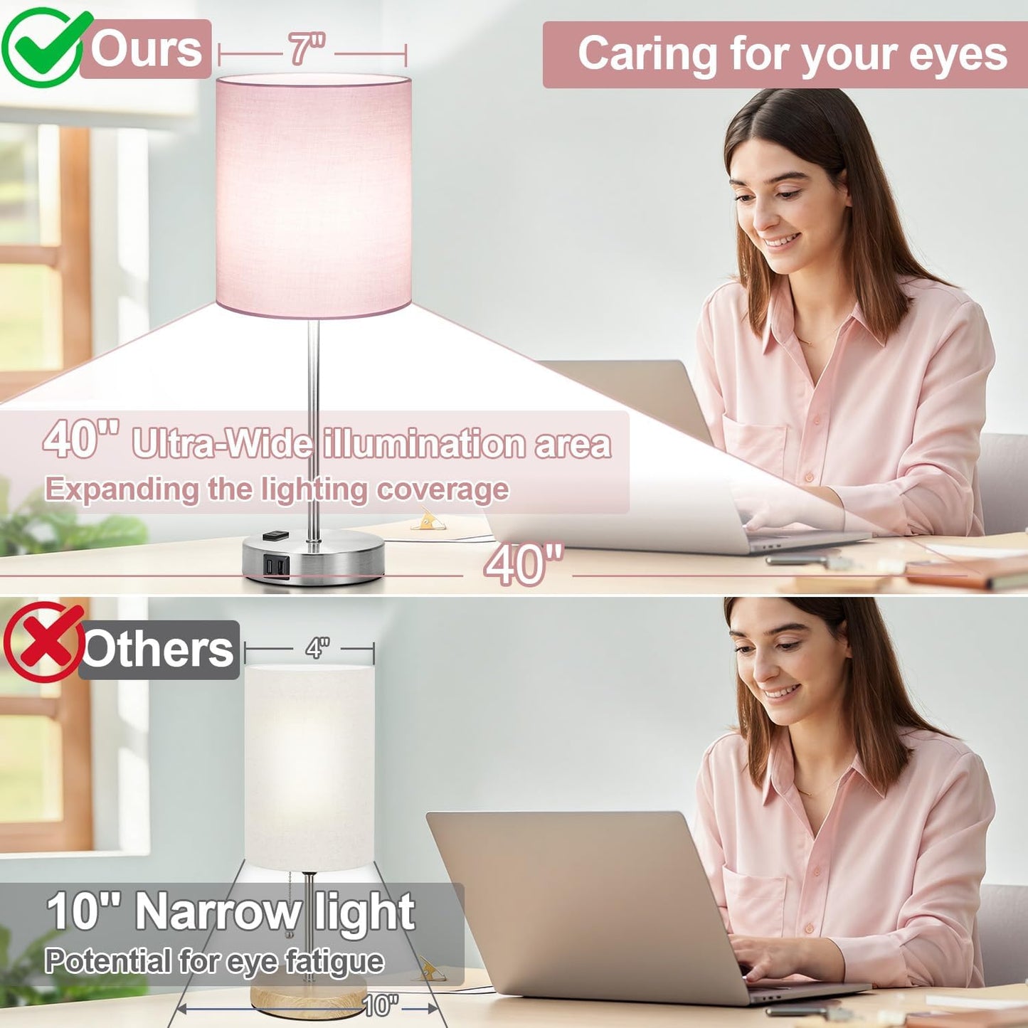 Set of 2 Touch Control Table Lamps with 2 USB & AC Outlet, 3-Way Dimmable Bedside Nightstand Lamps for Bedroom Living Room Nursery, 800 Lumens 5000K Daylight Bulbs Included