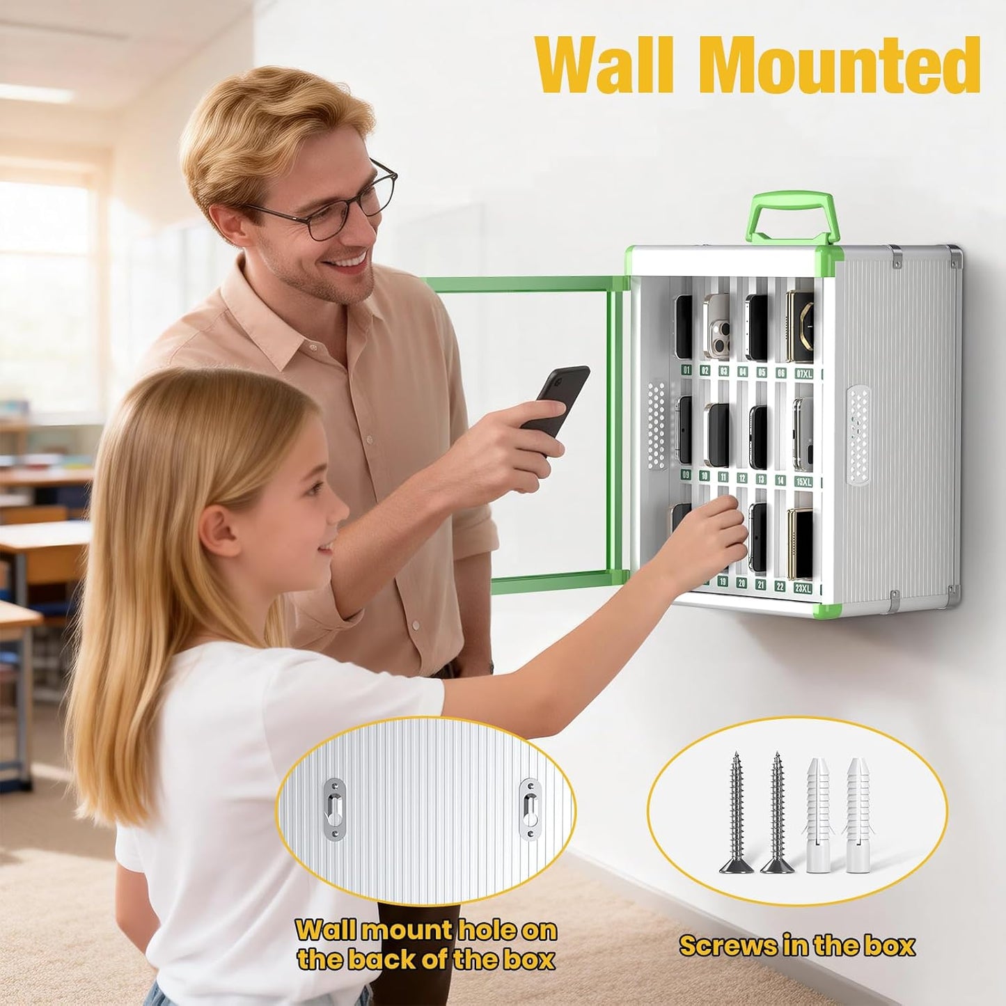 Glosen 24 Slots Cell Phone Locker, Portable Phone Storage Cabinet [Wall Mounted] [Aluminum Alloy] Cellphone Lock Box with Key & Handle for School Classroom Office Exam (Black)