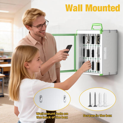 Glosen 24 Slots Cell Phone Locker, Portable Phone Storage Cabinet [Wall Mounted] [Aluminum Alloy] Cellphone Lock Box with Key & Handle for School Classroom Office Exam (Black)