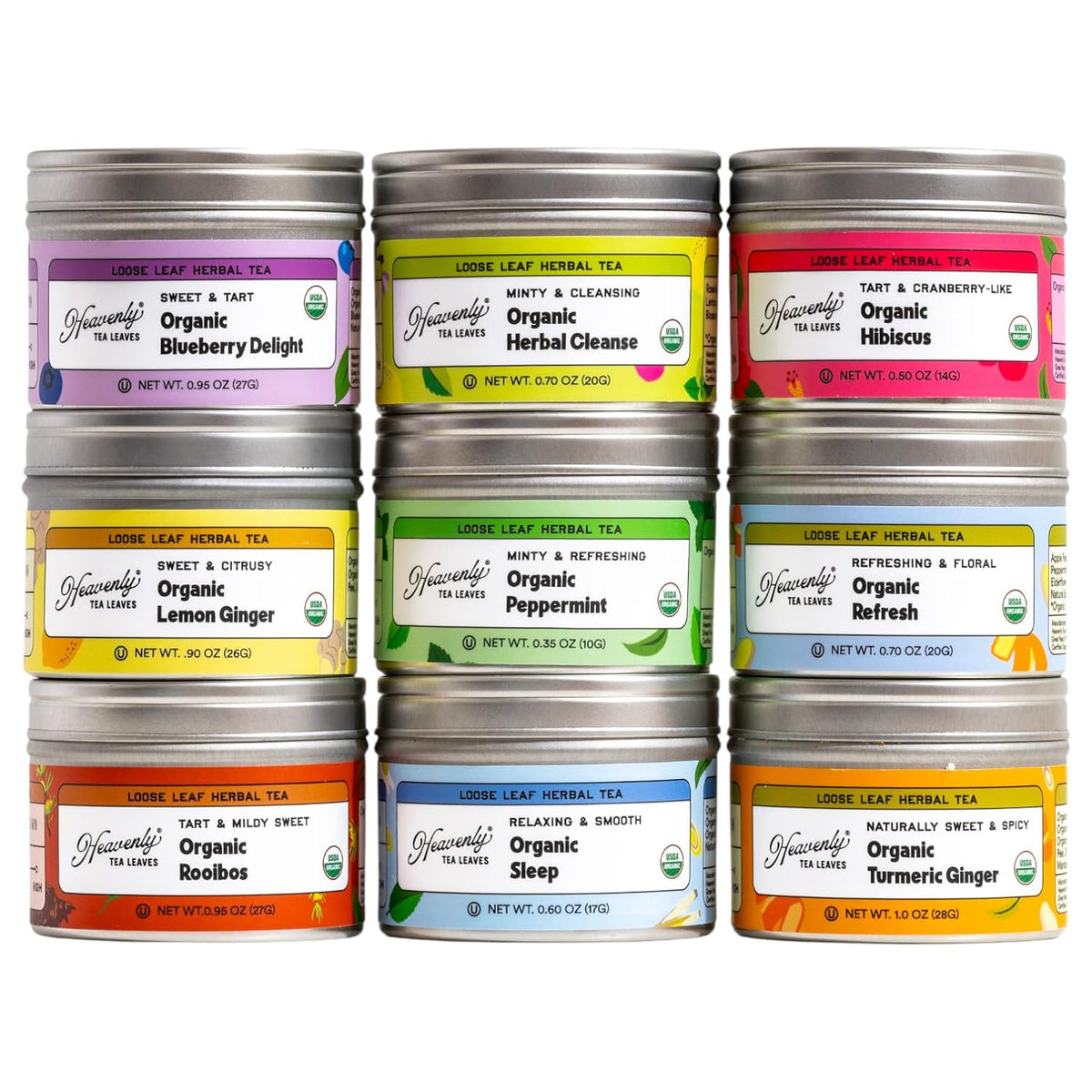 Heavenly Tea Leaves Organic Herbal Tea Sampler, 9 Loose Leaf Decaf Teas