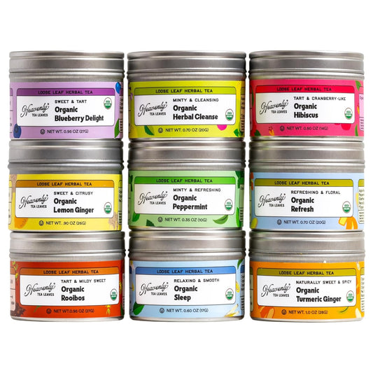 Heavenly Tea Leaves Organic Herbal Tea Sampler, 9 Loose Leaf Decaf Teas