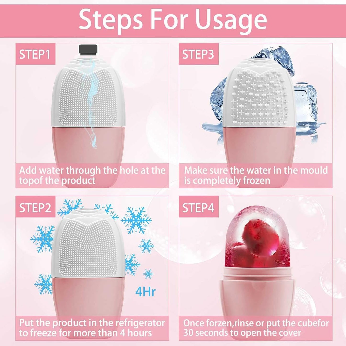 XHJRI Ice Cube Roller Massager for Face, Eyes and Neck Naturally Conditioning and Skin Care,De-Puff Eye Bags,Reduce Migraine Pain,Reusable Massage Silicone Ice Mold (Pink)