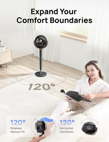 DREO Fan for Bedroom, 120° Oscillating Standing Fan, Quiet Floor Fan with DC Motor, Pedestal Fan for Room, 9 Speeds, 4 modes, 20dB, 120° Manual Vertical, 37-42" Adjustable Height, 9H Timer, Dark Gray