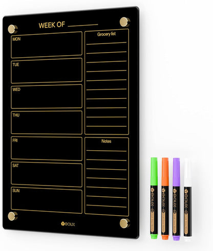 Black Glass Golden Weekly Dry Erase Calendar & Menu Whiteboard for Wall, Meal Planning & Grocery Shopping List White Board for Kitchen & Home, 15x11, 4 Wet Erase Markers Included, Yeoux