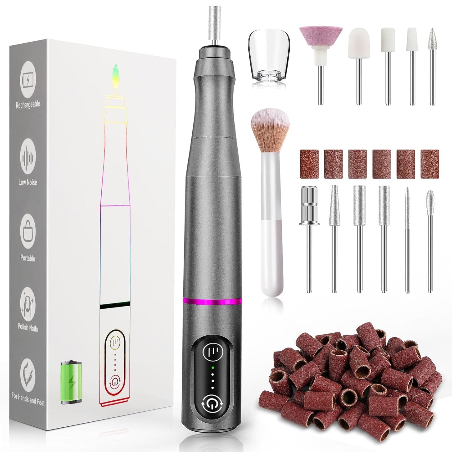 TUOBEO Cordless Nail Drill Electric Nail File Kit, Rechargeable Efile Set, Portable Acrylic Gel Nail Polish Remover Machine, Pedicure Manicure Tool, 11 Bits, 56 Sanding Bands, Salon Home, Purple