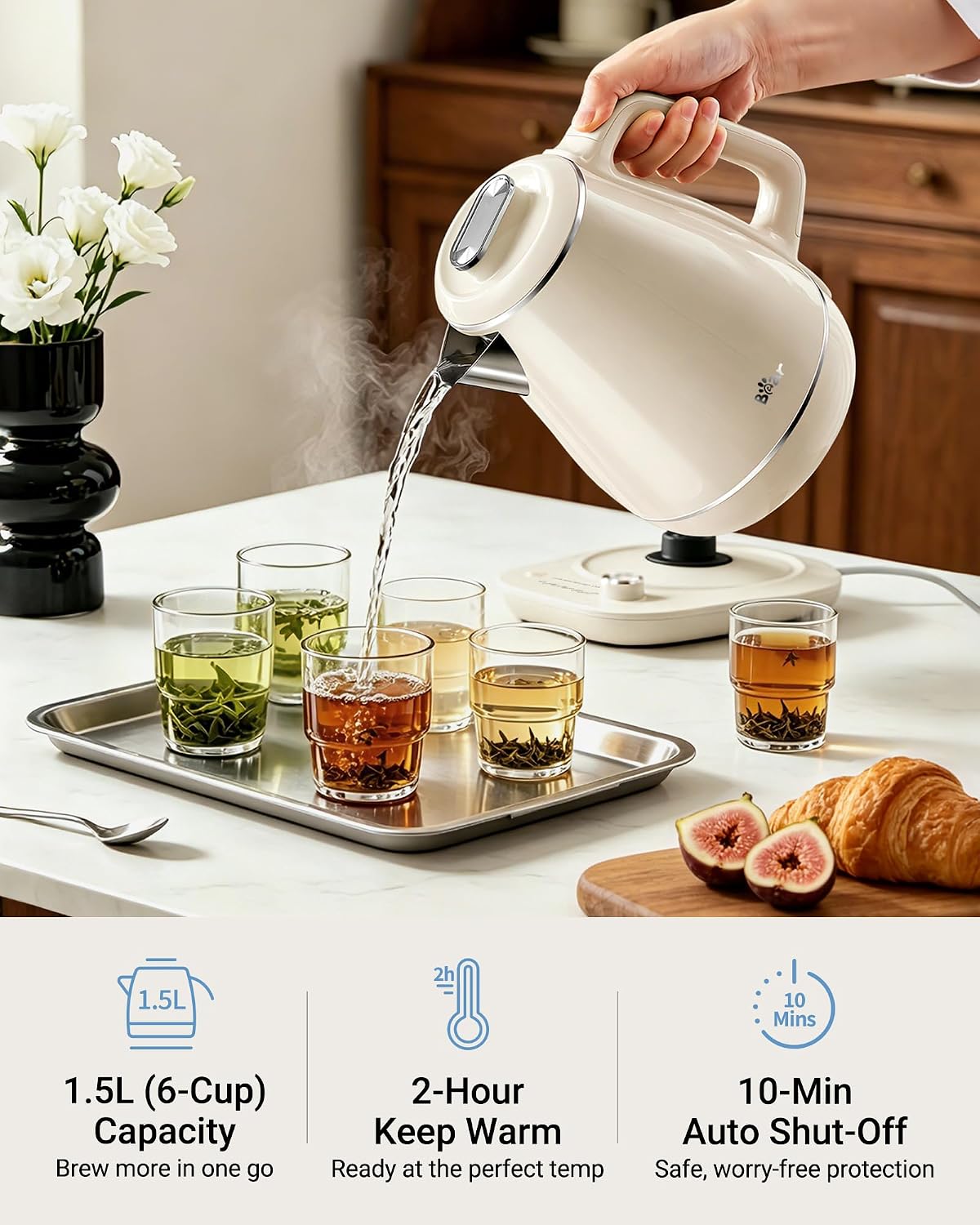 Bear Electric Kettle, 1.5L 304 Stainless Steel Water Boiler, 1500W Fast Boiling Tea Kettle with Double Wall Cool Touch, Auto Shut-Off & Boil-Dry Protection, BPA-Free, Cream