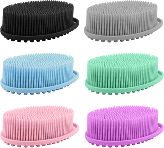 PQRUU 6 Pack Silicone Body Scrubber, Exfoliating Soft Loofah Bath Body Scrubbers for Use in Shower, Exfoliating Body Scrubber Fit for All Kinds of Skin, Rapid Foaming,Black,Blue,Pink,Green,Purple,Gray