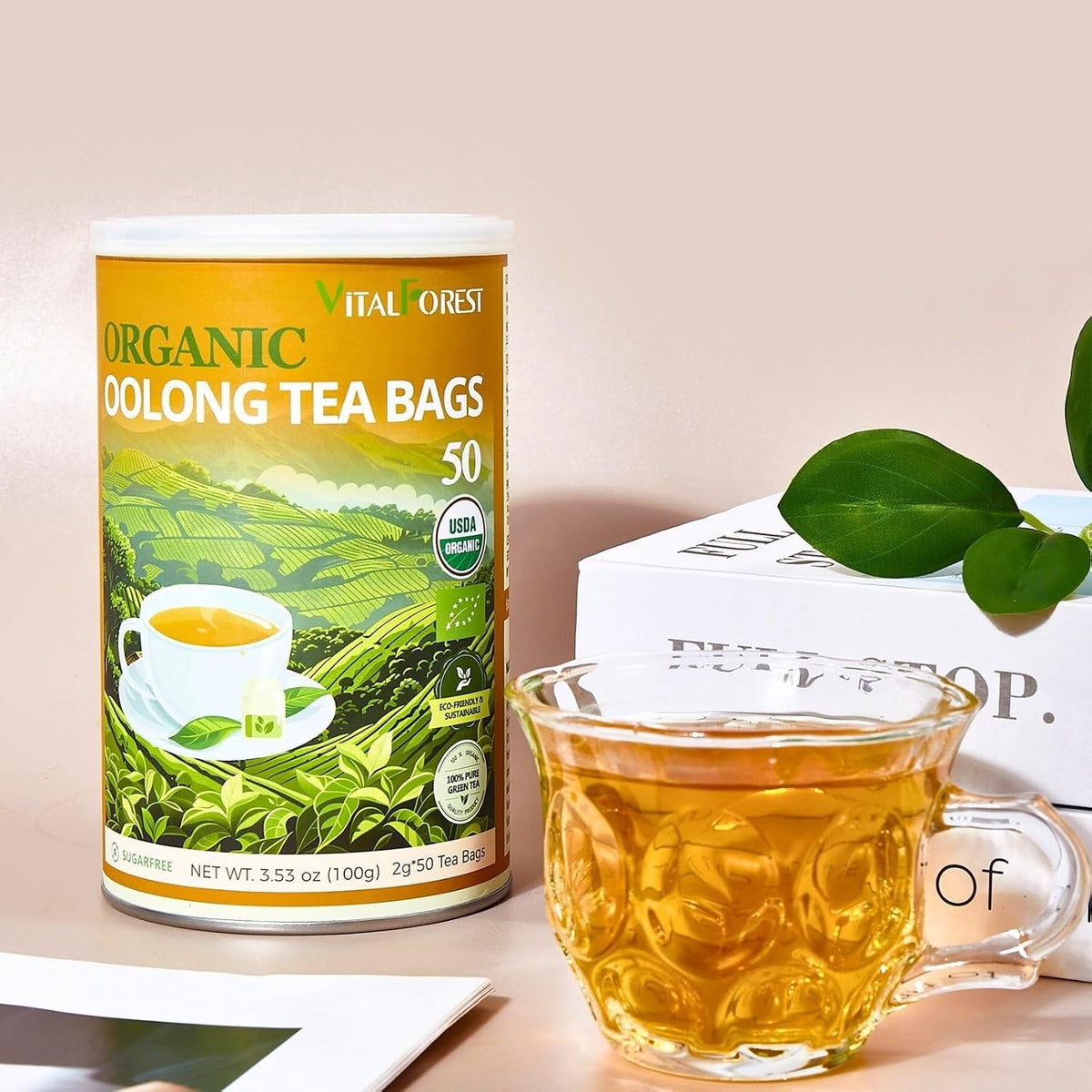 Organic Oolong Tea Bags, 50 Count, Unbleached, ECO-Conscious Chinese Oolong Tea, VitalForest High Mountain Tea Tie Guan Yin, Non-GMO, Container Pack for Gift Set