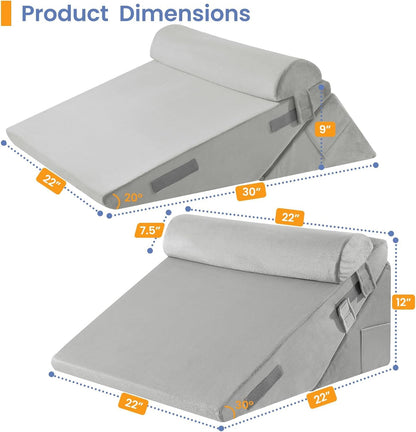 Sasttie Wedge Pillow Set for After Surgery, 2PCS Adjustable Bed Wedge Pillow Headboard with Memory Foam Neck Cushion – for Acid Reflux, Sleeping, Neck & Back Support, Dark Grey & White