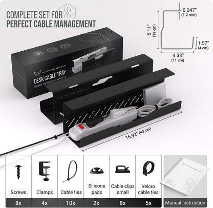 Under Desk Cable Management Tray no Drill – Wire Management - Cord Organizer – Huge Load Capacity – Under Desk Cable Tray no Drill (Black)