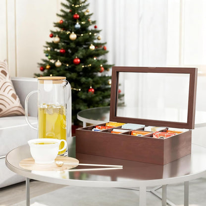 Alsonerbay Wooden Tea Box Tea Bag Holder Kitchen Storage Chest Box for Spice Pouches and Sugar Packets with 8 Compartments and Glass Window Weathered Black