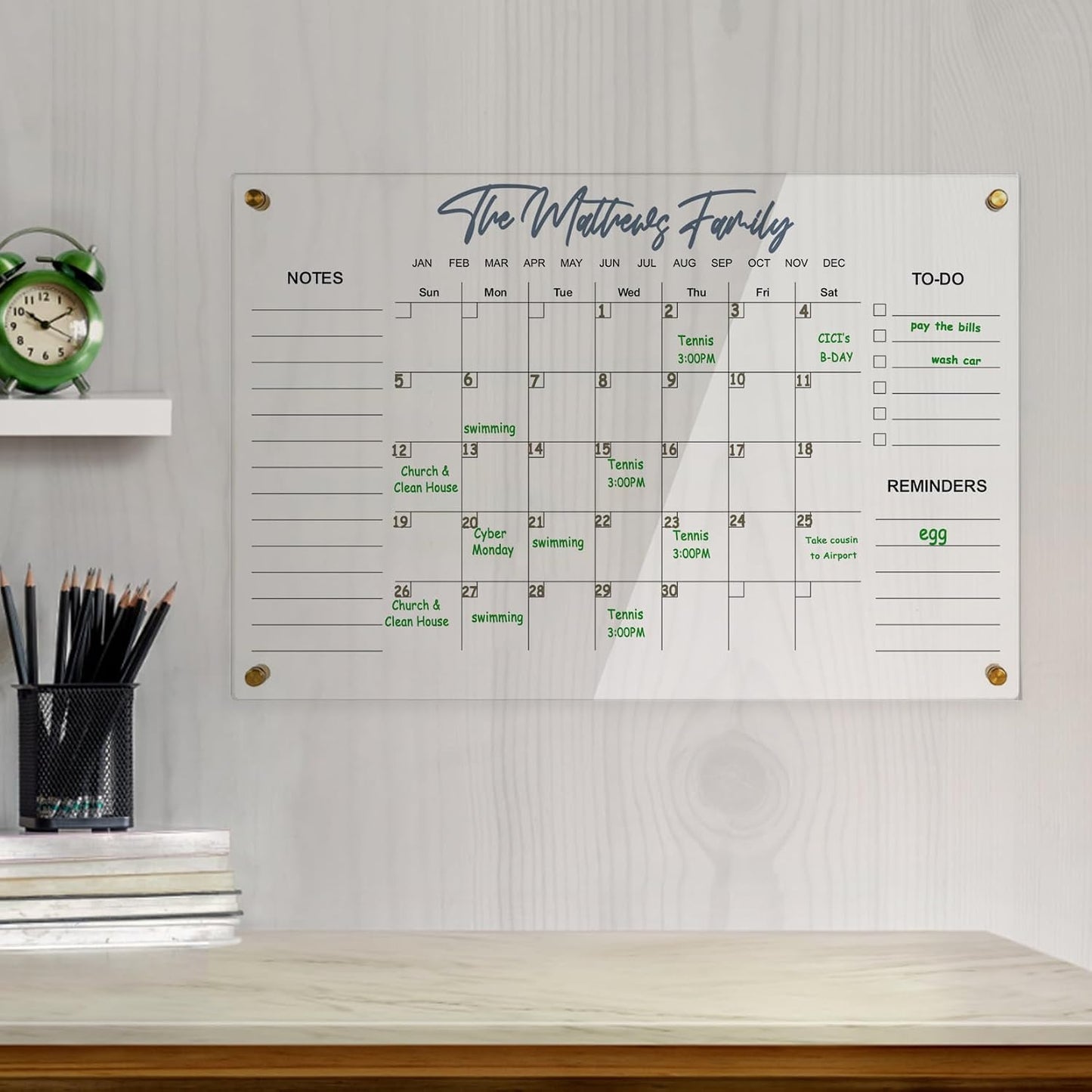 Black Acrylic Calendar Dry Erase for Wall, Family Planner, Monthly Calendar Dry Erase Whiteboard for Home, Office, 17" x 13"Reusable White Board(Acrylic-BK-3343)