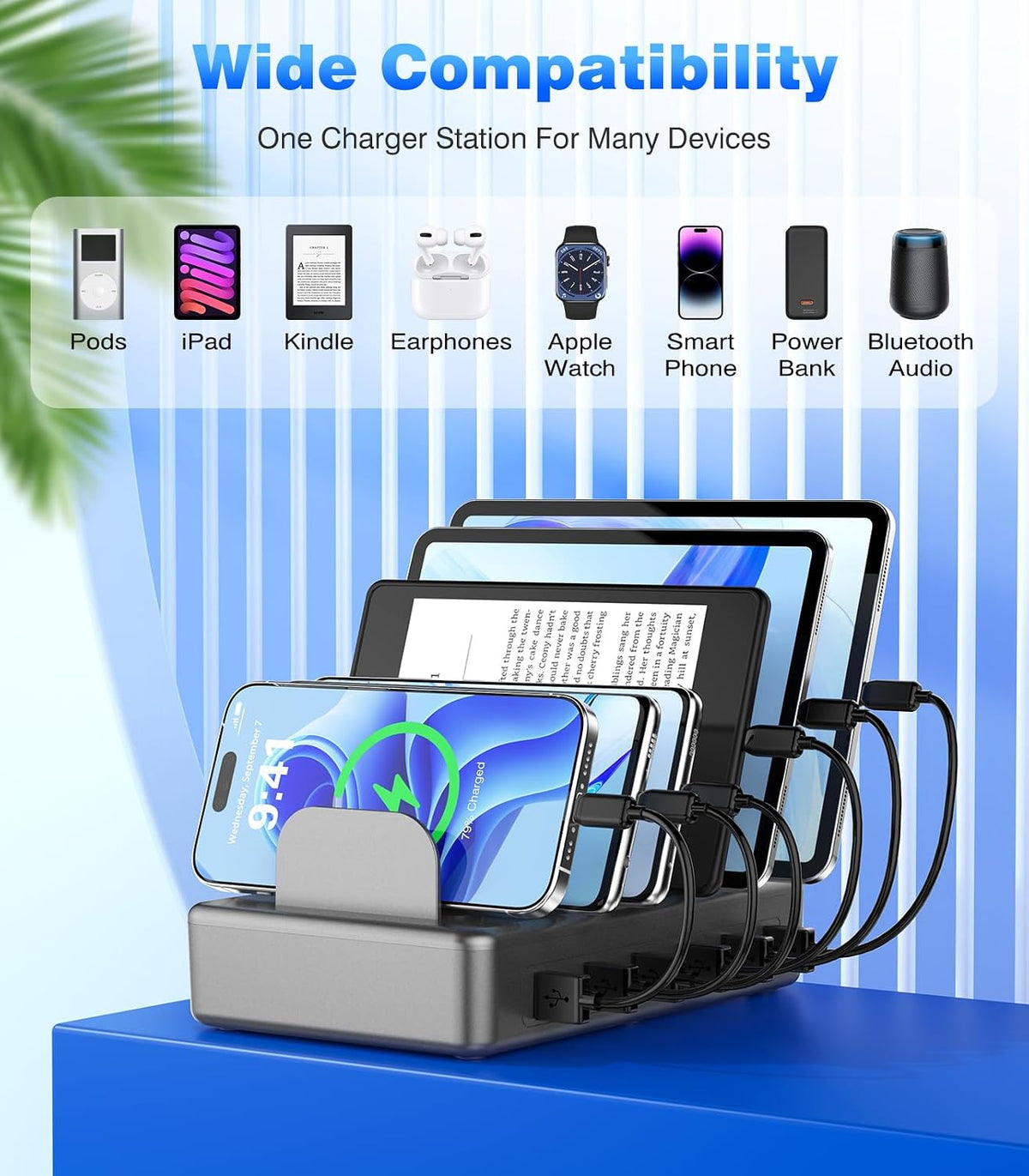 50W 6 Ports Multi Charger Station, USB Charging Dock for Multiple Devices