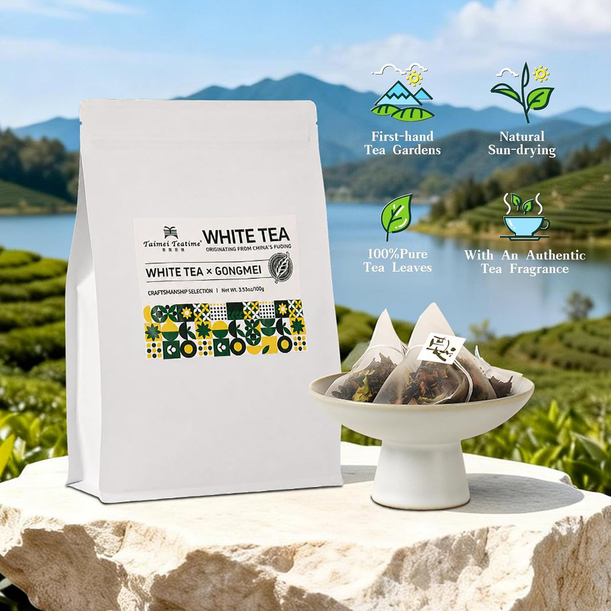 Taimei Teatime Gongmei Pyramid White Tea Bags Loose Leaf Bags 35 ct, 3.53oz