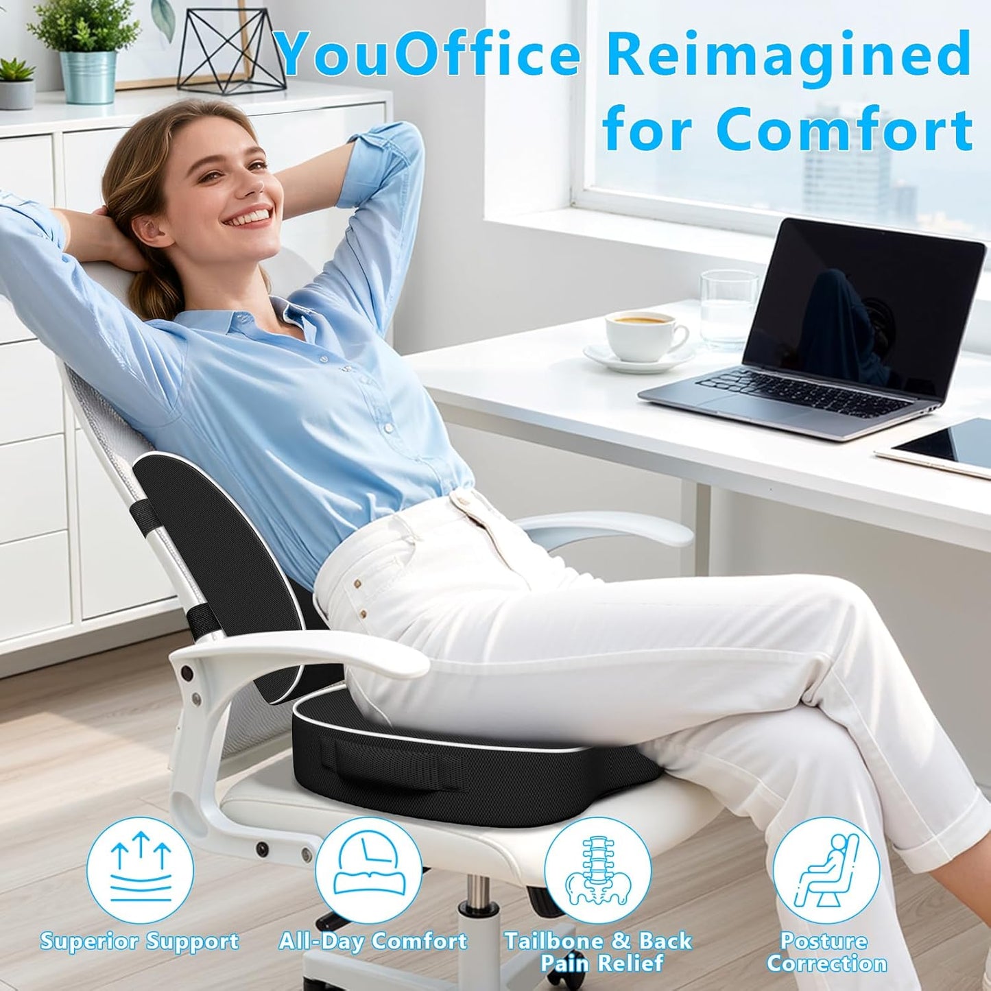 SweetSlubr Ergonomic Memory Foam Seat Cushion & Lumbar Support Pillow Set, Orthopedic Coccyx Cushion for Office Chair, Car, Home – Relieves Back, Sciatica & Tailbone Pain, Improves Posture Black/Large