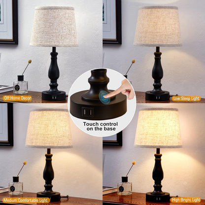 EJIAXIN Lamps for Bedrooms Set of 2, Brushed Nickel Bedside Lamps with USB C+A Ports,Dimmable Nightstand Lamps with Fabric Lampshade, Touch Table Lamp for Living Room Bedroom Office, Bulbs Included