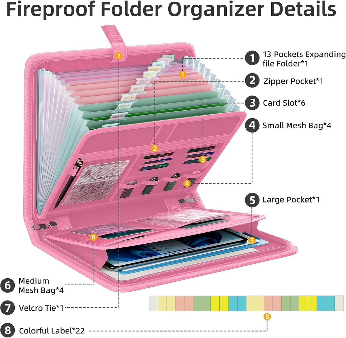 Fireproof Accordion File Organizer, Expanding File Folder with 13 Pockets