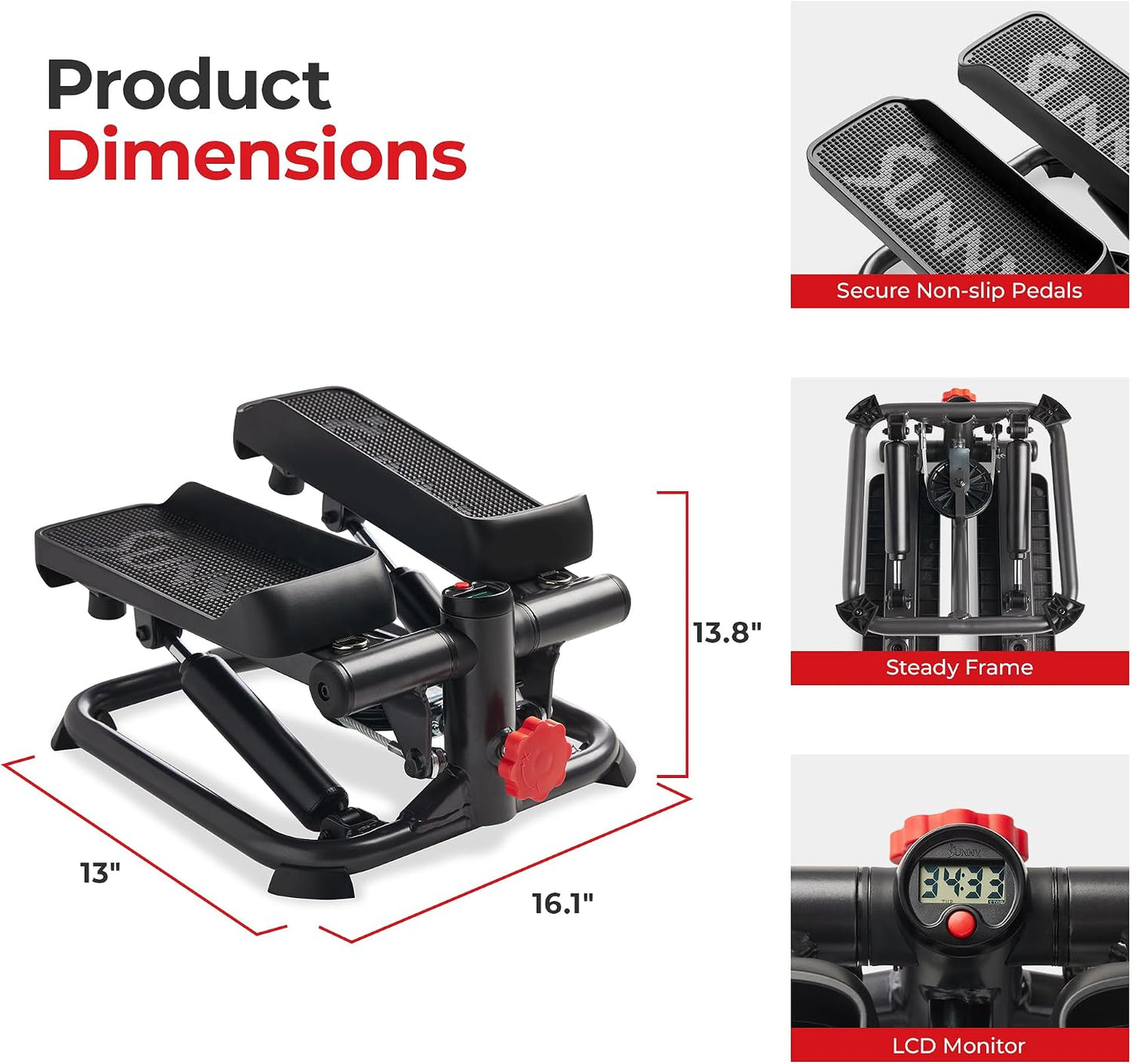Sunny Health & Fitness Mini Steppers with Digital Monitor and Resistance Bands, Compact Low-Impact Cardio Machines for Home Workouts