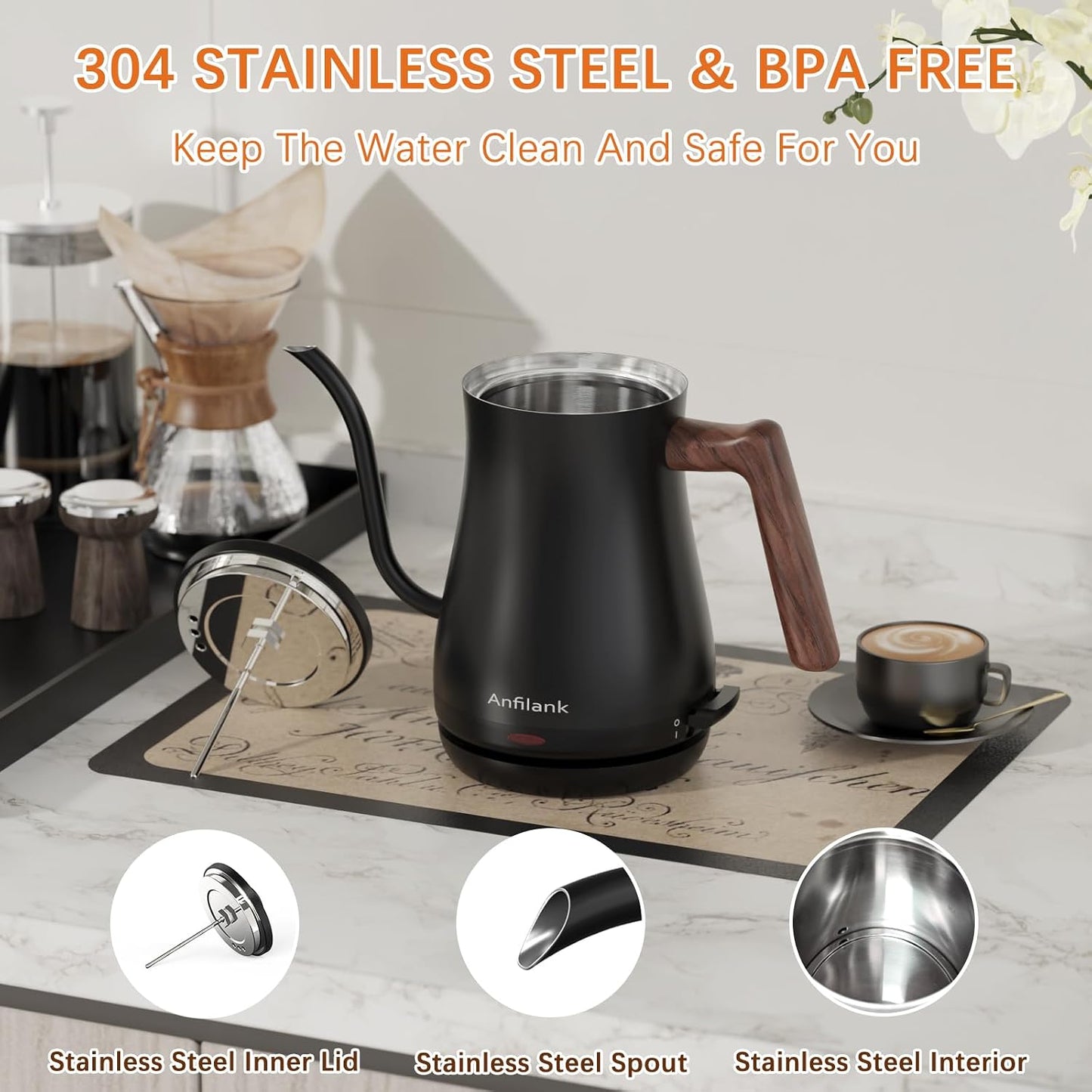 Anfilank Gooseneck Electric Kettle with Thermometer, 0.8L Small Electric Tea Kettle, 1200W Fast Heat, Precision Pour for Coffee & Tea, Auto Shut Off & Dry Boil Protection, Stainless Steel