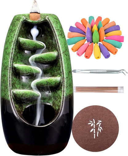 SPACEKEEPER Ceramic Backflow Incense Holder Waterfall Incense Burner, Aromatherapy Ornament Home Decor with 120 Backflow Incense Cones + 30 Incense Stick , Blue Set