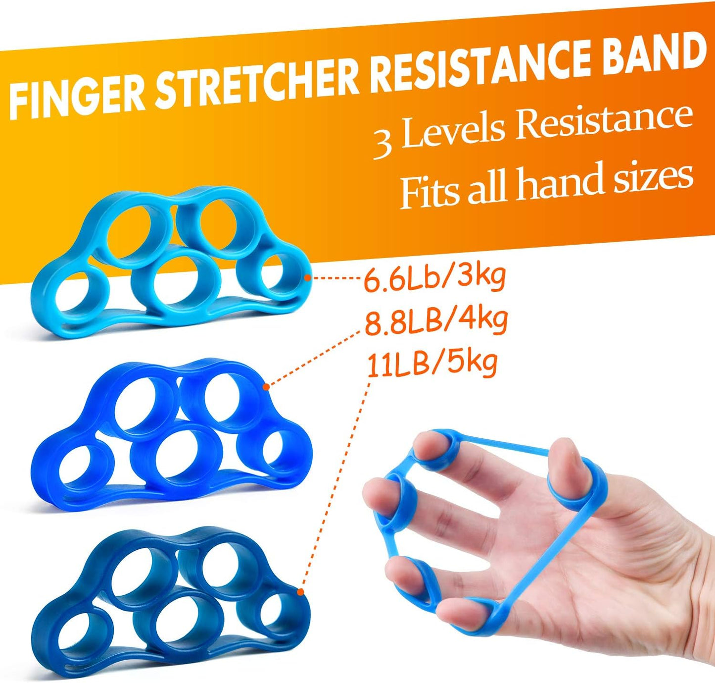Grip Strength Trainer 7 Pack Adjustable Hand Gripper, Finger Stretcher Resistance Extensor Bands, Finger Exerciser, Grip Strength Ring & Stress Ball, Hand Grip Strengthener